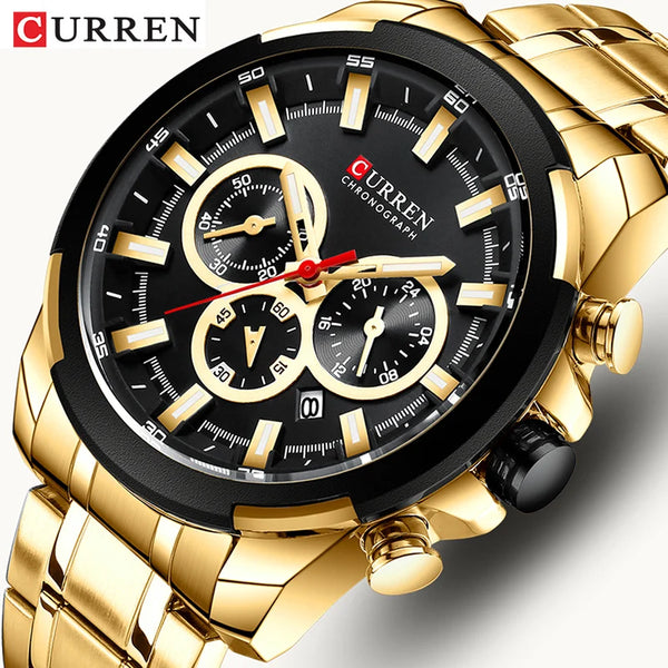 Relógio CURREN Men’s Watches Top Brand Big Sport Watch Luxury Men Military Steel Quartz Wrist Watches Chronograph Gold Design Male Clock