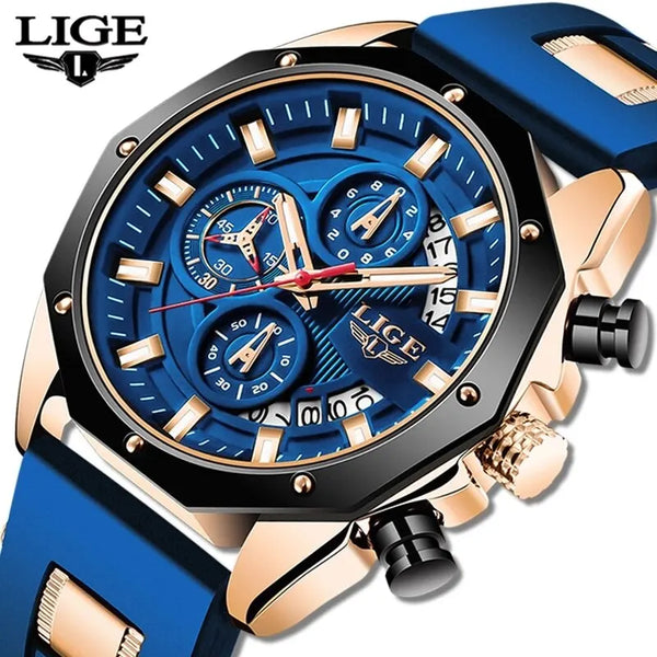 Relógio Super Luxo LIGE Fashion Men Watches Top Brand Luxury Silicone Sport Watch Men Quartz Date Clock Waterproof Wristwatch Chronograph Clock Man